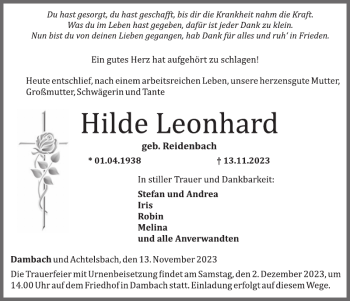 Traueranzeige von Hilde Leonhard von Wochenspiegel
