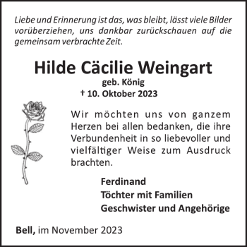 Traueranzeige von Hilde Cäcilie Weingart von Wochenspiegel