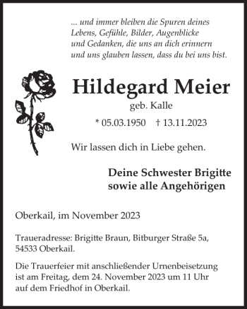Traueranzeige von Hildegard Meier von Wochenspiegel