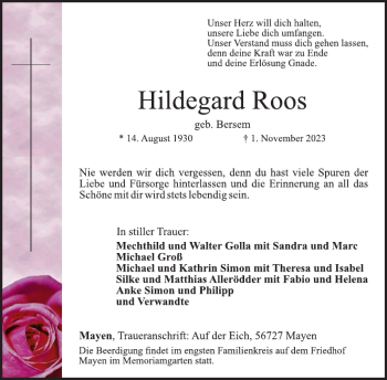 Traueranzeige von Hildegard Roos von Wochenspiegel