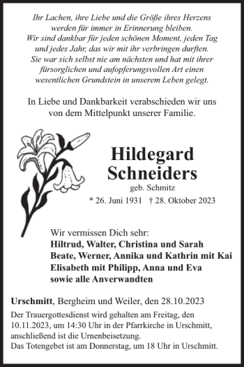 Traueranzeige von Hildegard Schneiders von Wochenspiegel