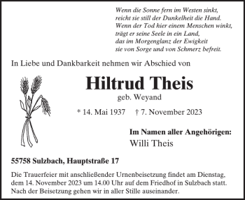 Traueranzeige von Hiltrud Theis von Wochenspiegel