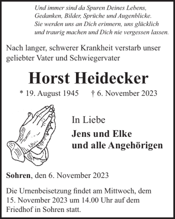 Traueranzeige von Horst Heidecker von Wochenspiegel