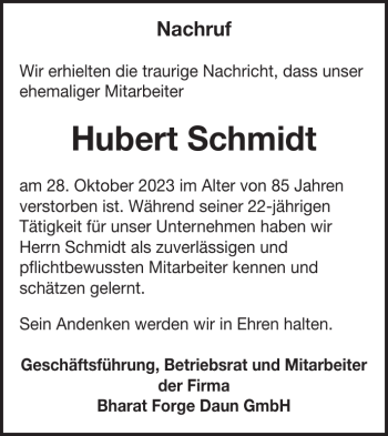 Traueranzeige von Hubert Schmidt von Wochenspiegel