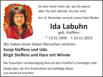 Traueranzeige von Ida Labuhn von Wochenspiegel