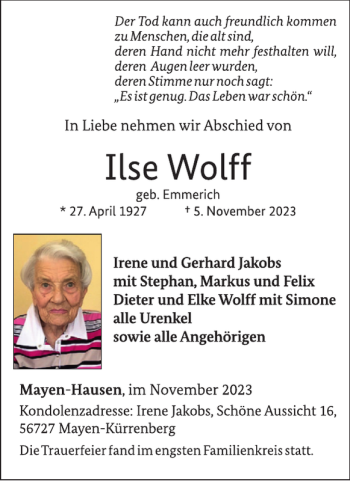 Traueranzeige von Ilse Wolff von Wochenspiegel