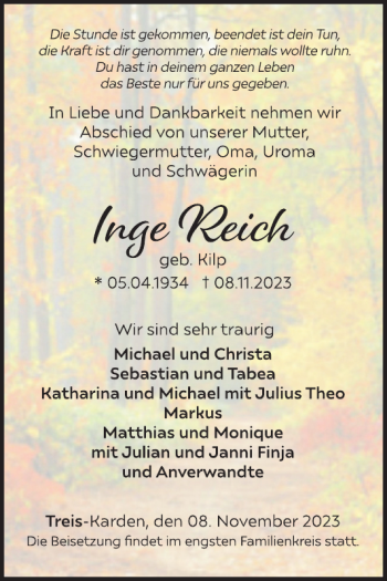Traueranzeige von Inge Reich von Wochenspiegel