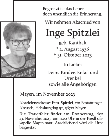 Traueranzeige von Inge Spitzlei von Wochenspiegel