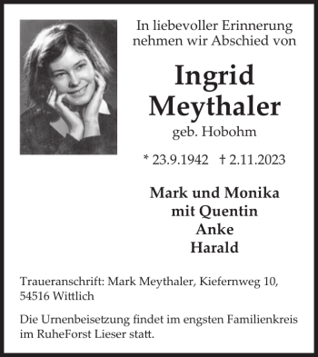 Traueranzeige von Ingrid Meythaler von Wochenspiegel