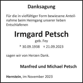 Traueranzeige von Irmgard Petsch von Wochenspiegel