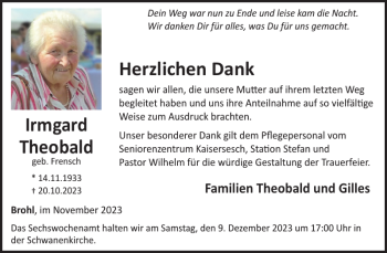 Traueranzeige von Irmgard Theobald von Wochenspiegel