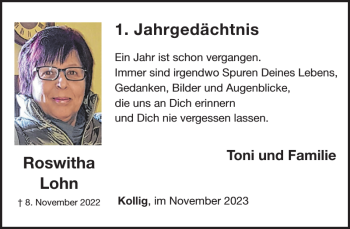 Traueranzeige von Jahrgedächtnis Roswitha Lohn von Wochenspiegel