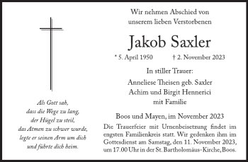 Traueranzeige von Jakob Saxler von Wochenspiegel