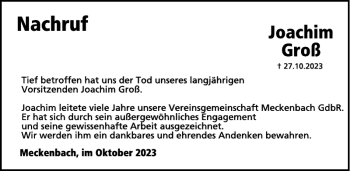 Traueranzeige von Joachim Groß von Wochenspiegel
