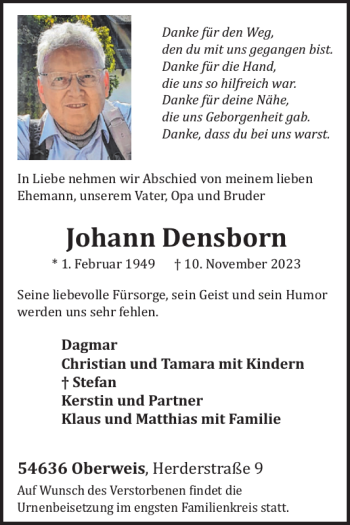 Traueranzeige von Johann Densborn von Wochenspiegel