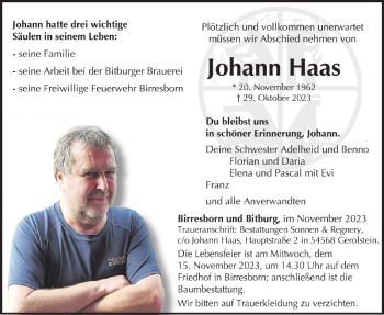 Traueranzeige von Johann Haas von Wochenspiegel