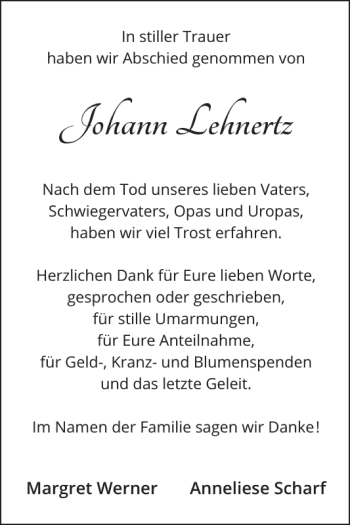 Traueranzeige von Johann Lehnertz von Wochenspiegel