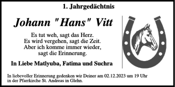 Traueranzeige von Johann Hans Vitt von Wochenspiegel