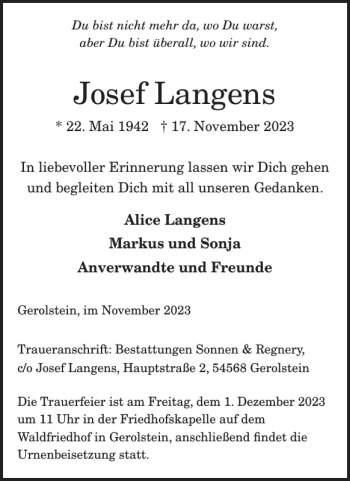 Traueranzeige von Josef Langens von Wochenspiegel