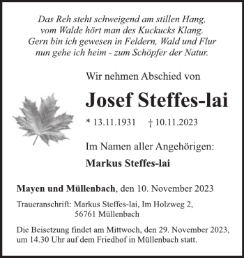 Traueranzeige von Josef Steffes-lai von Wochenspiegel