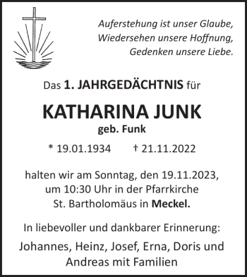 Traueranzeige von KATHARINA JUNK von Wochenspiegel