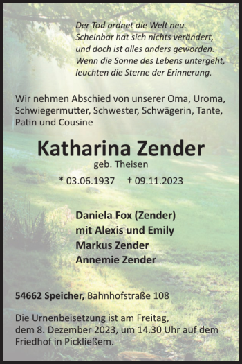 Traueranzeige von Katharina Zender von Wochenspiegel