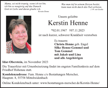 Traueranzeige von Kerstin Henne von Wochenspiegel