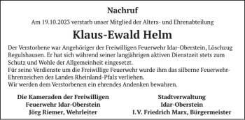 Traueranzeige von Klaus-Ewald Helm von Wochenspiegel