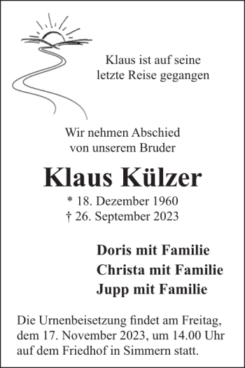 Traueranzeige von Klaus Külzer von Wochenspiegel