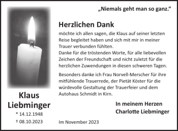 Traueranzeige von Klaus Liebminger von Wochenspiegel