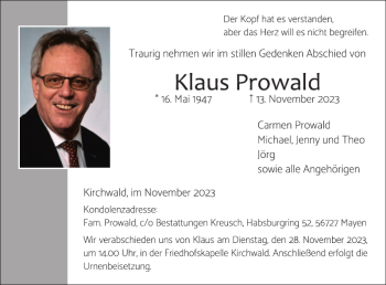 Traueranzeige von Klaus Prowald von Wochenspiegel