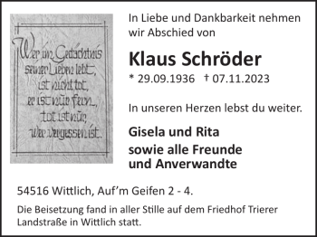 Traueranzeige von Klaus Schröder von Wochenspiegel