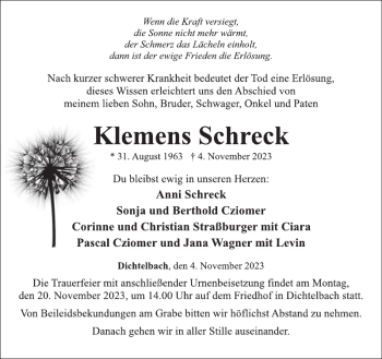 Traueranzeige von Klemens Schreck von Wochenspiegel