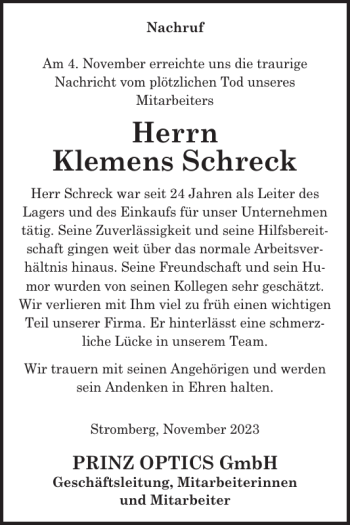 Traueranzeige von Klemens Schreck von Wochenspiegel