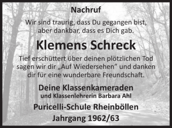 Traueranzeige von Klemens Schreck von Wochenspiegel