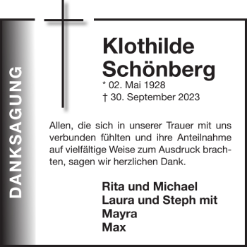 Traueranzeige von Klothilde Schönberg von Wochenspiegel