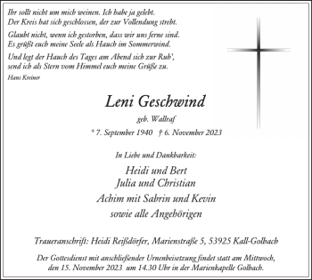 Traueranzeige von Leni Geschwind von Wochenspiegel