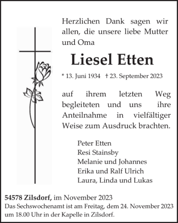 Traueranzeige von Liesel Etten von Wochenspiegel