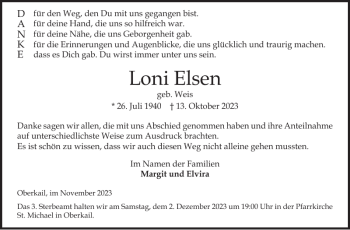 Traueranzeige von Loni Elsen von Wochenspiegel