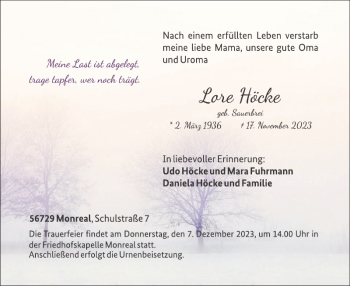 Traueranzeige von Lore Höcke von Wochenspiegel