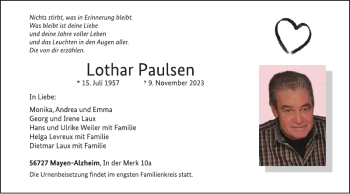 Traueranzeige von Lothar Paulsen von Wochenspiegel