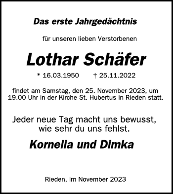 Traueranzeige von Lothar Schäfer von Wochenspiegel
