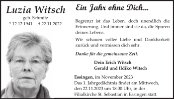 Traueranzeige von Luzia Witsch von Wochenspiegel
