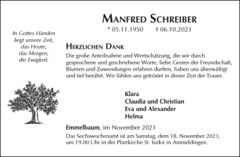 Traueranzeige von MANFRED SCHREIBER von Wochenspiegel