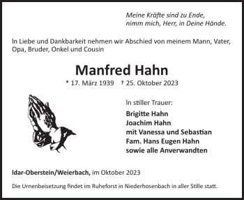 Traueranzeige von Manfred Hahn von Wochenspiegel