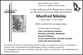 Traueranzeige von Manfred Nikolay von Wochenspiegel