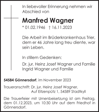 Traueranzeige von Manfred Wagner von Wochenspiegel