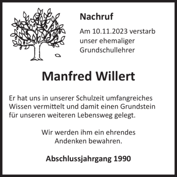 Traueranzeige von Manfred Willert von Wochenspiegel