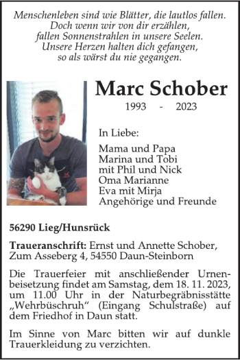 Traueranzeige von Marc Schober von Wochenspiegel