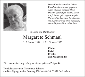 Traueranzeige von Margarete Schmaul von Wochenspiegel